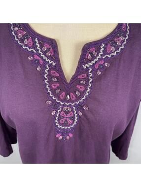 Purple Embroidered V-Neck 3/4 Sleeve Top sz 1 X